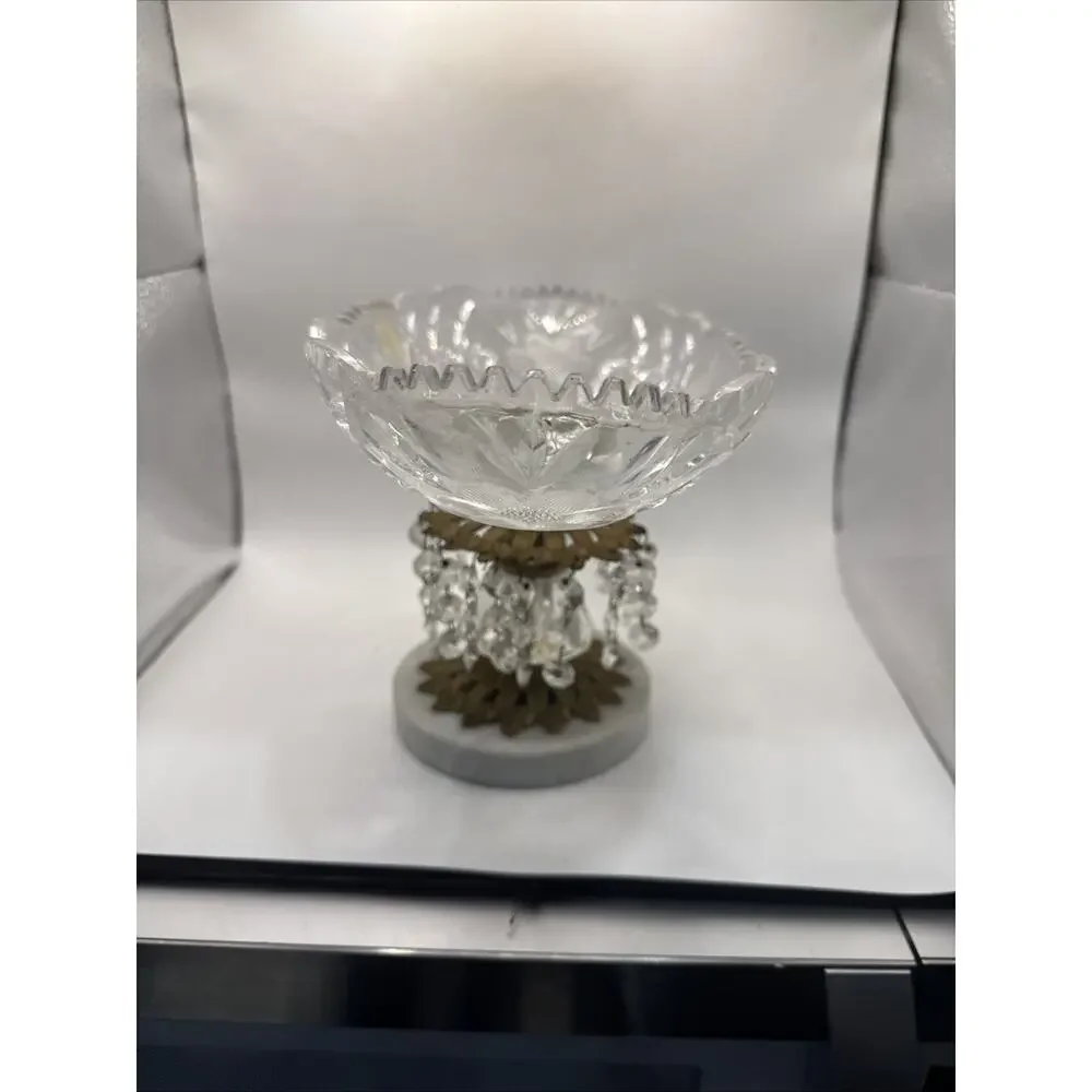 Vintage Hollywood Regency Crystal Brass Marble 7.5”Candy Dish With Crystals *